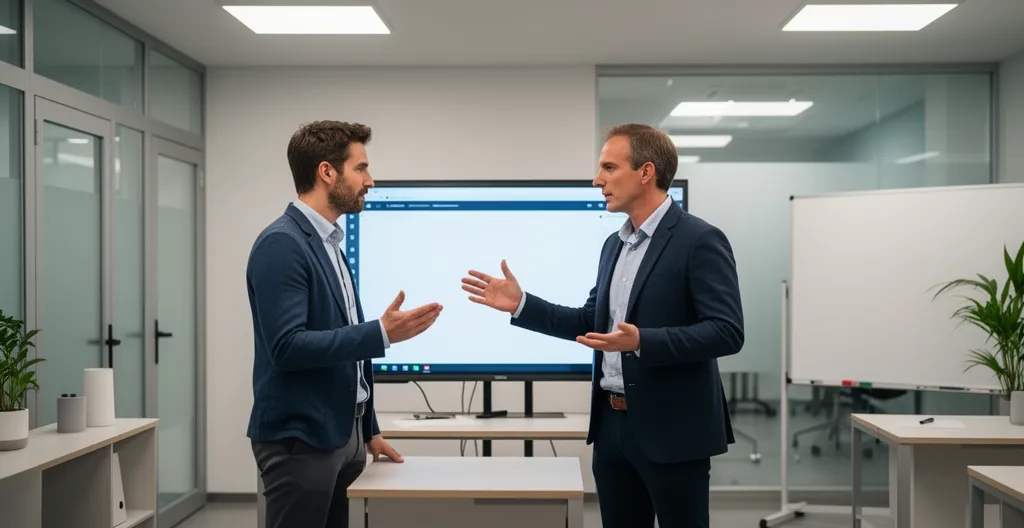 Deux professionnels en discussion devant un écran partagé en salle de formation SEO