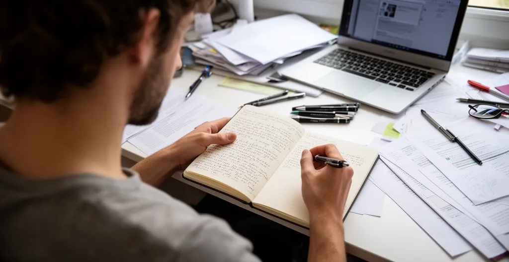 Apprenant prenant des notes manuscrites pendant une session de formation SEO