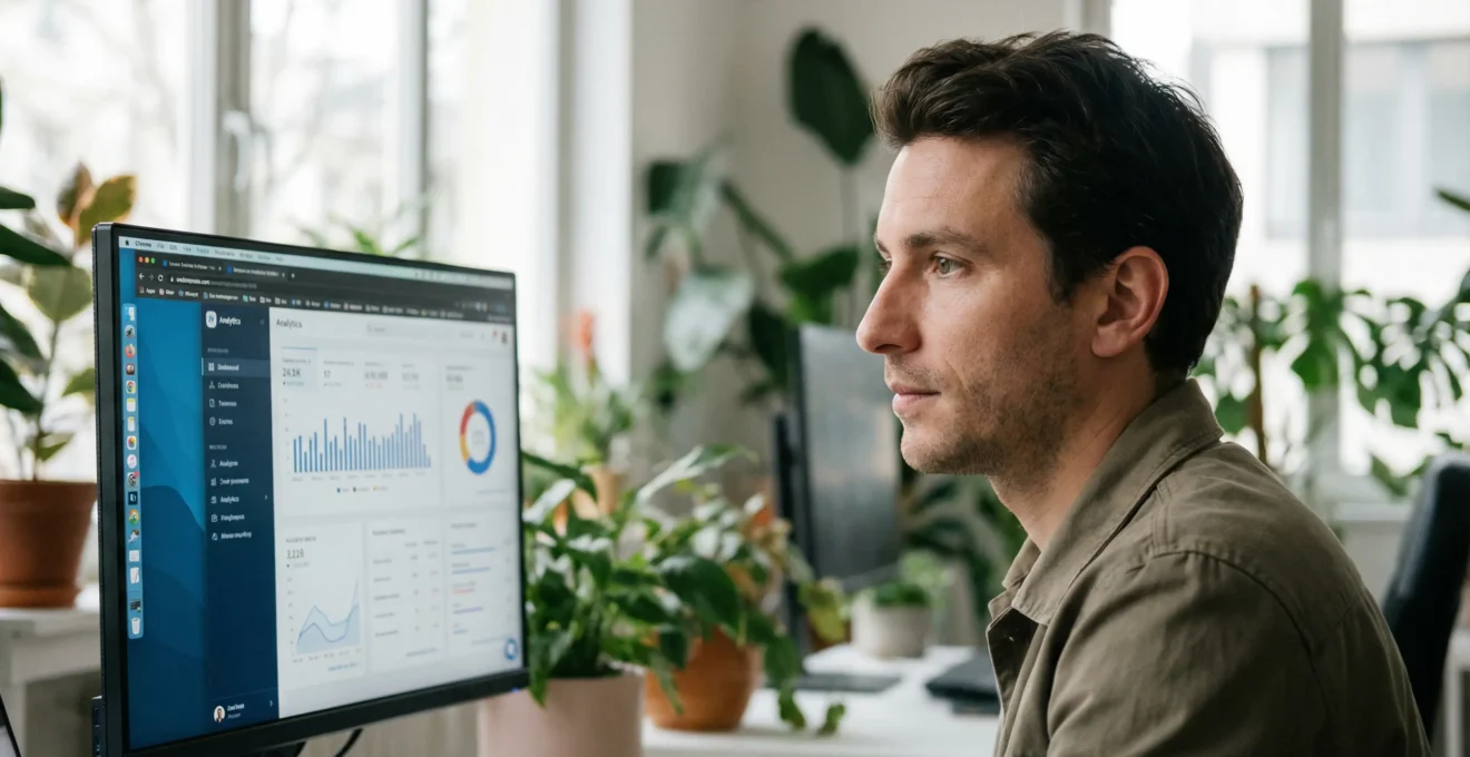 Professionnel concentré devant écran d'analytics SEO en espace de coworking