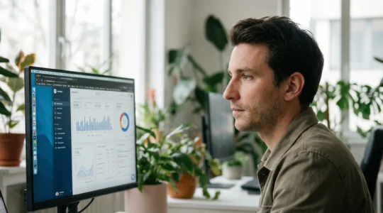 Professionnel concentré devant écran d'analytics SEO en espace de coworking