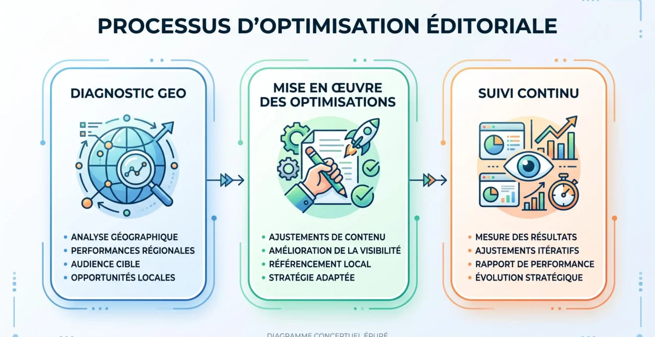 Schéma des niveaux d'accompagnement GEO de l'audit au suivi continu