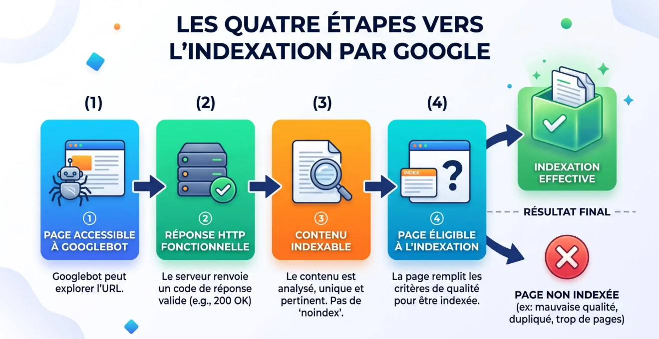 Schéma des prérequis techniques avant l’indexation Google